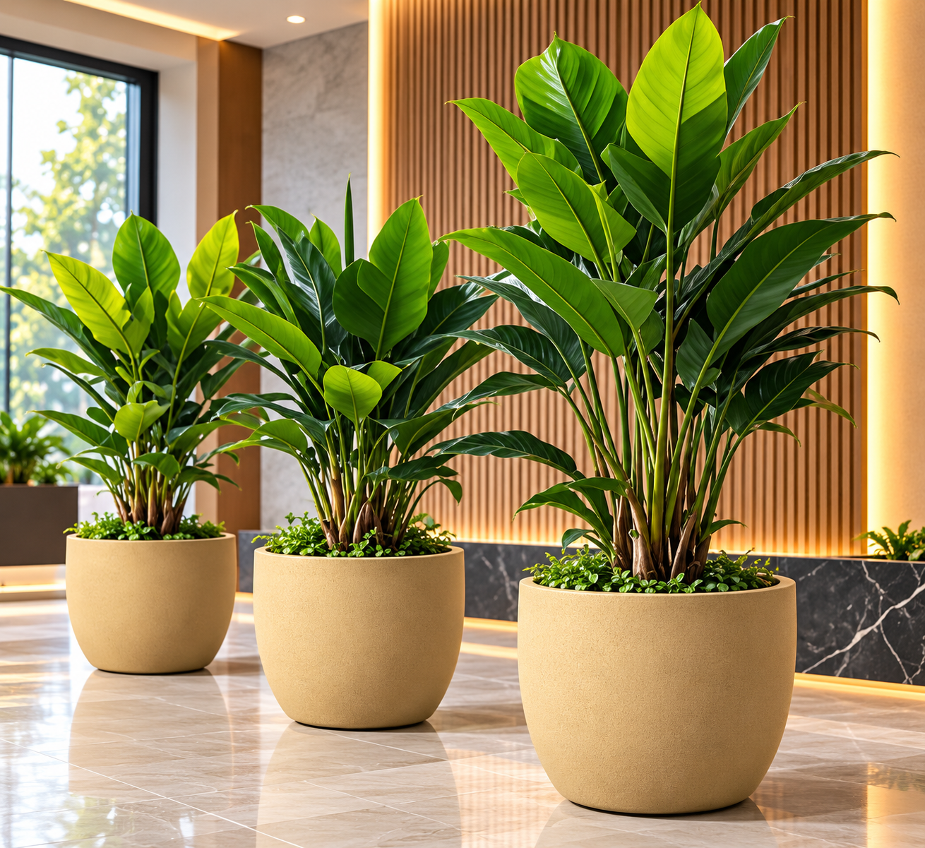Modern Lobby Trio of Lush Potted Plants — Sugandha Farms & Nursery